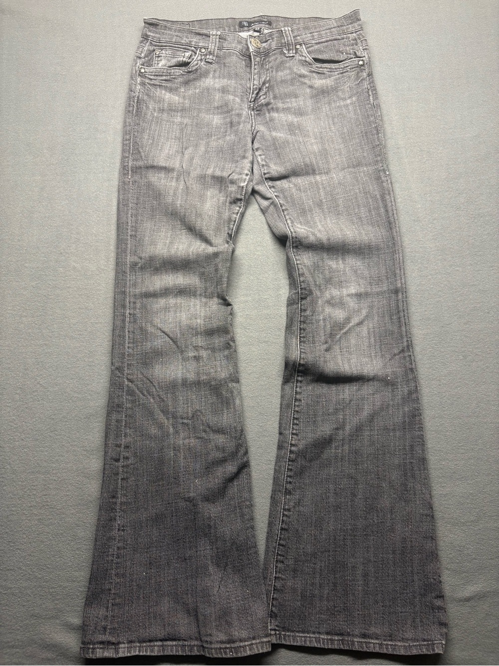 Y2K See Thru Soul Low Rise Flare Jeans Dark Acid Grey Wash Fleur De Lis 29